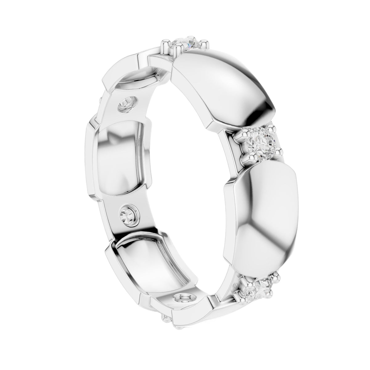 White gold modern hexagonal collet diamond band with round stones, angled side view