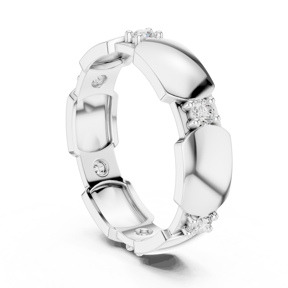 White gold modern hexagonal collet diamond band with round stones, angled side view