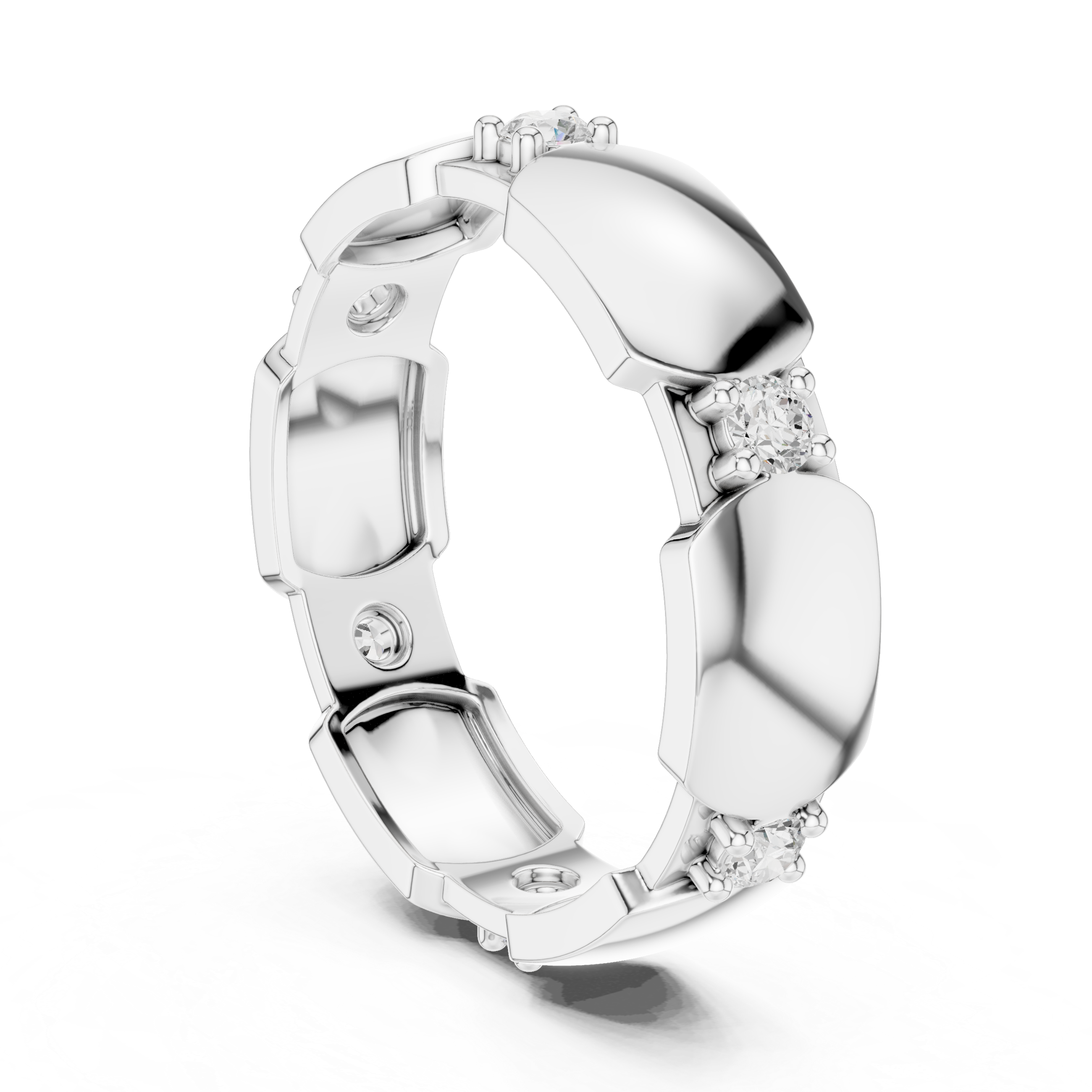White gold modern hexagonal collet diamond band with round stones, angled side view
