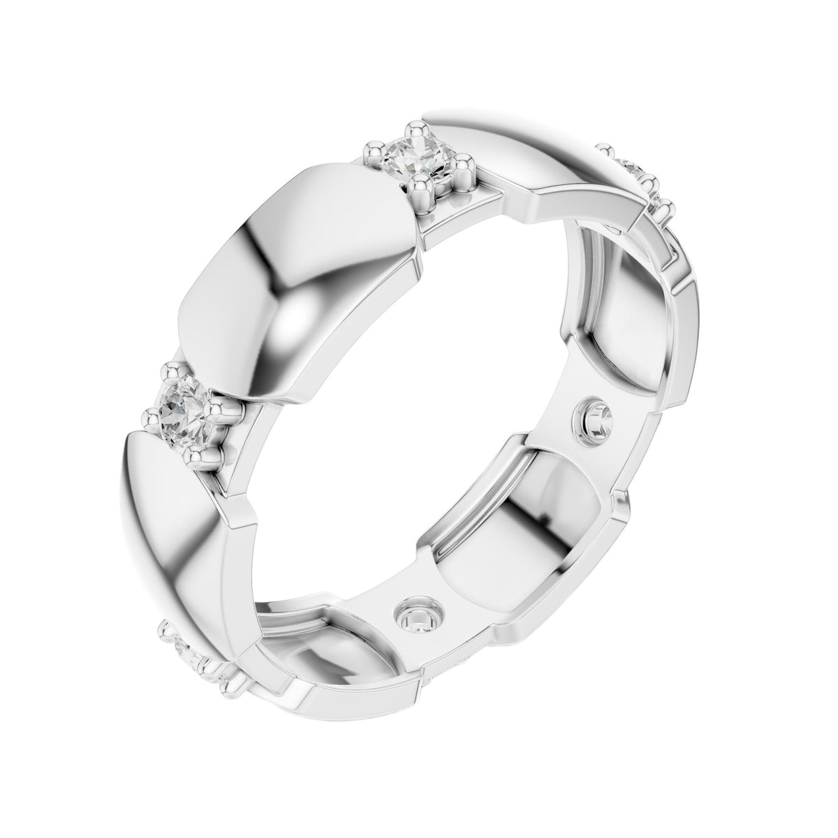 White gold modern hexagonal collet diamond band with round stones, side view