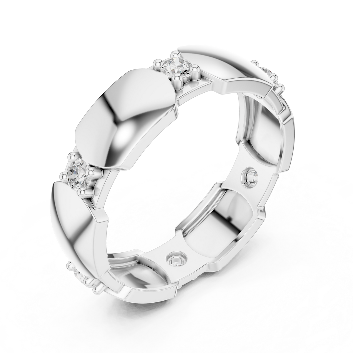 White gold modern hexagonal collet diamond band with round stones, side view