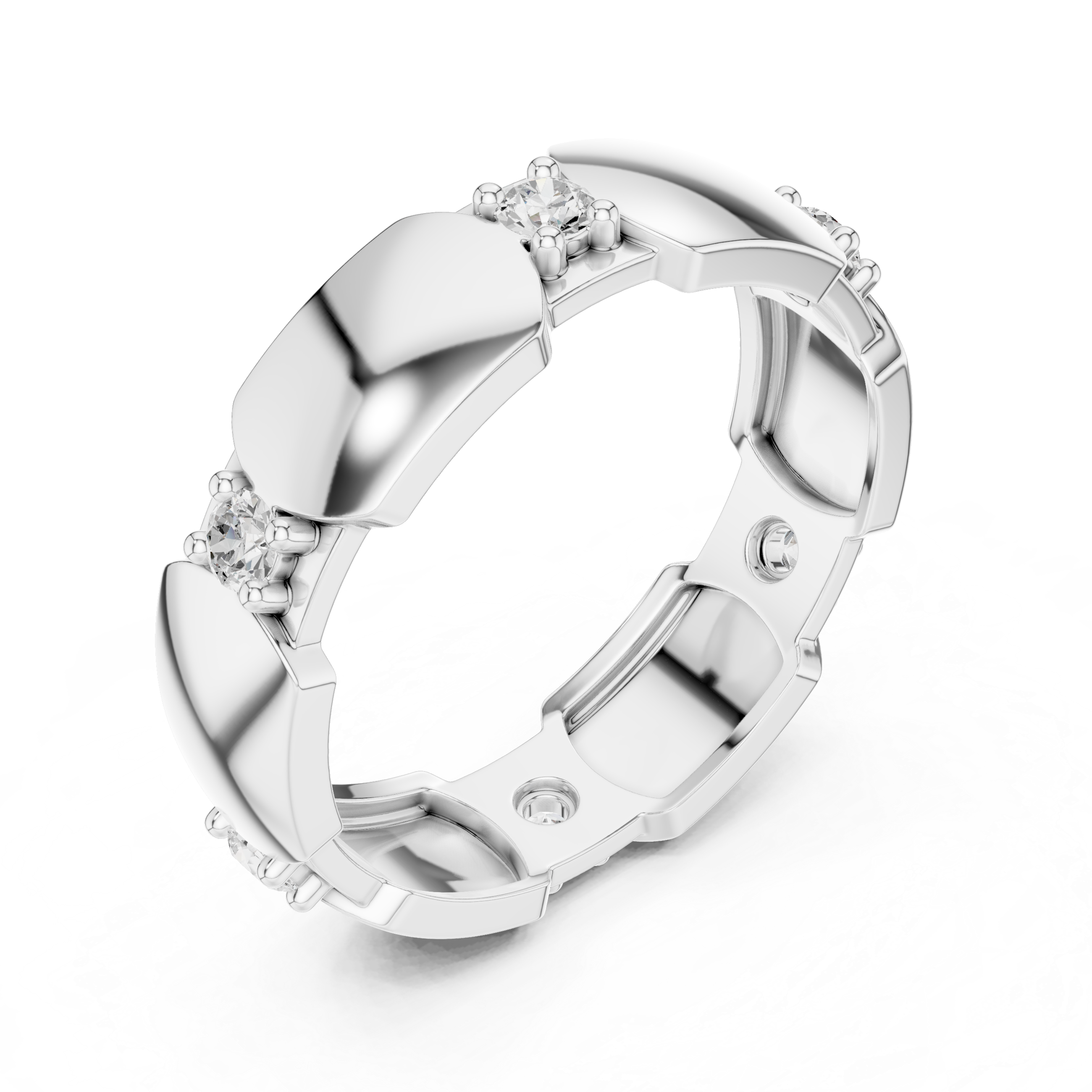 White gold modern hexagonal collet diamond band with round stones, side view