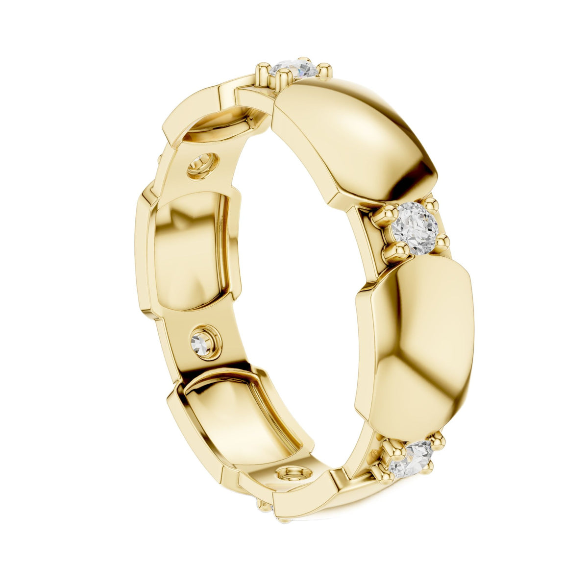 Yellow gold diamond band, side view with round stones in hexagonal collet settings
