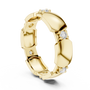 Yellow gold diamond band, side view with round stones in hexagonal collet settings