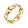 Yellow gold diamond band, angled view with round stones and geometric collet bezels