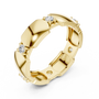 Yellow gold diamond band, angled view with round stones and geometric collet bezels