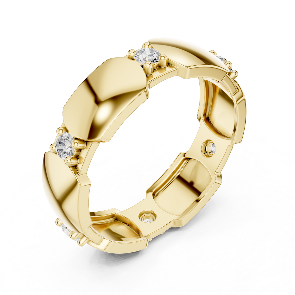 Yellow gold diamond band, angled view with round stones and geometric collet bezels