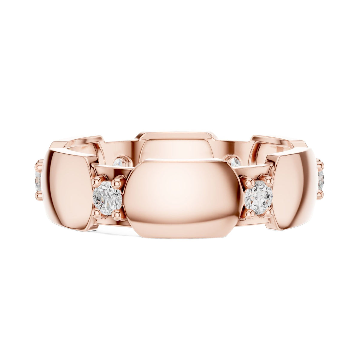 Rose gold modern hexagonal collet diamond band with round stones, front view