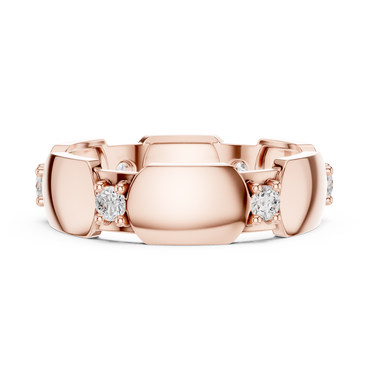 Rose gold modern hexagonal collet diamond band with round stones, front view