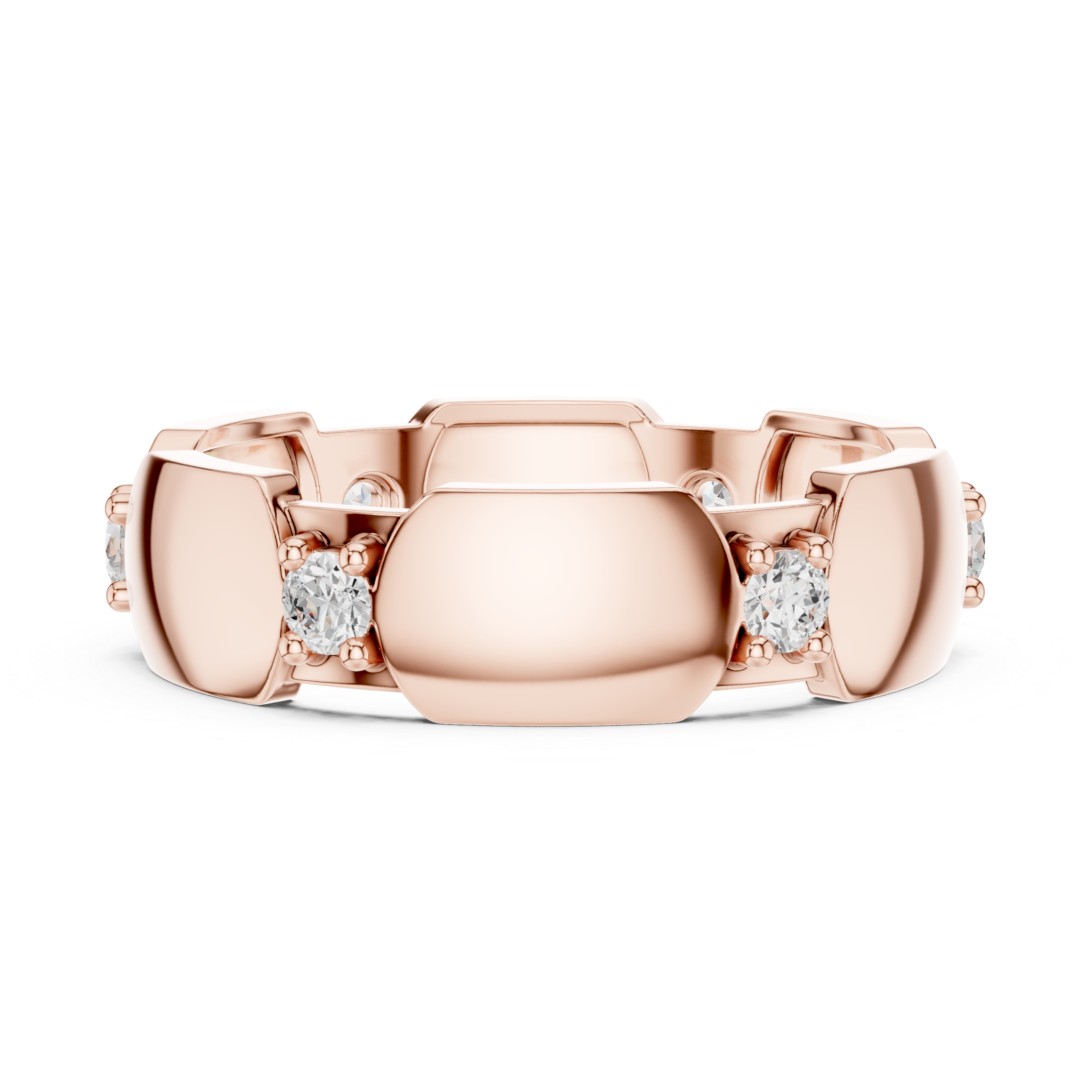 Rose gold modern hexagonal collet diamond band with round stones, front view