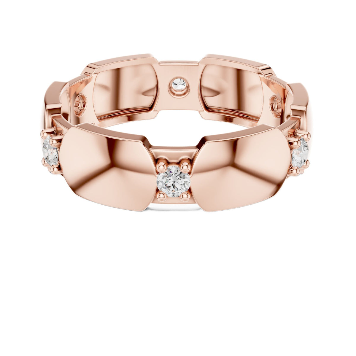 Rose gold modern hexagonal collet diamond band with round stones, angled top view