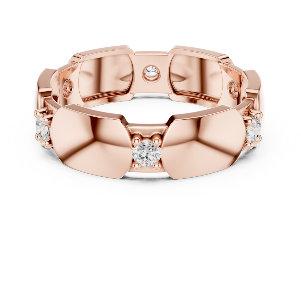 Rose gold modern hexagonal collet diamond band with round stones, angled top view