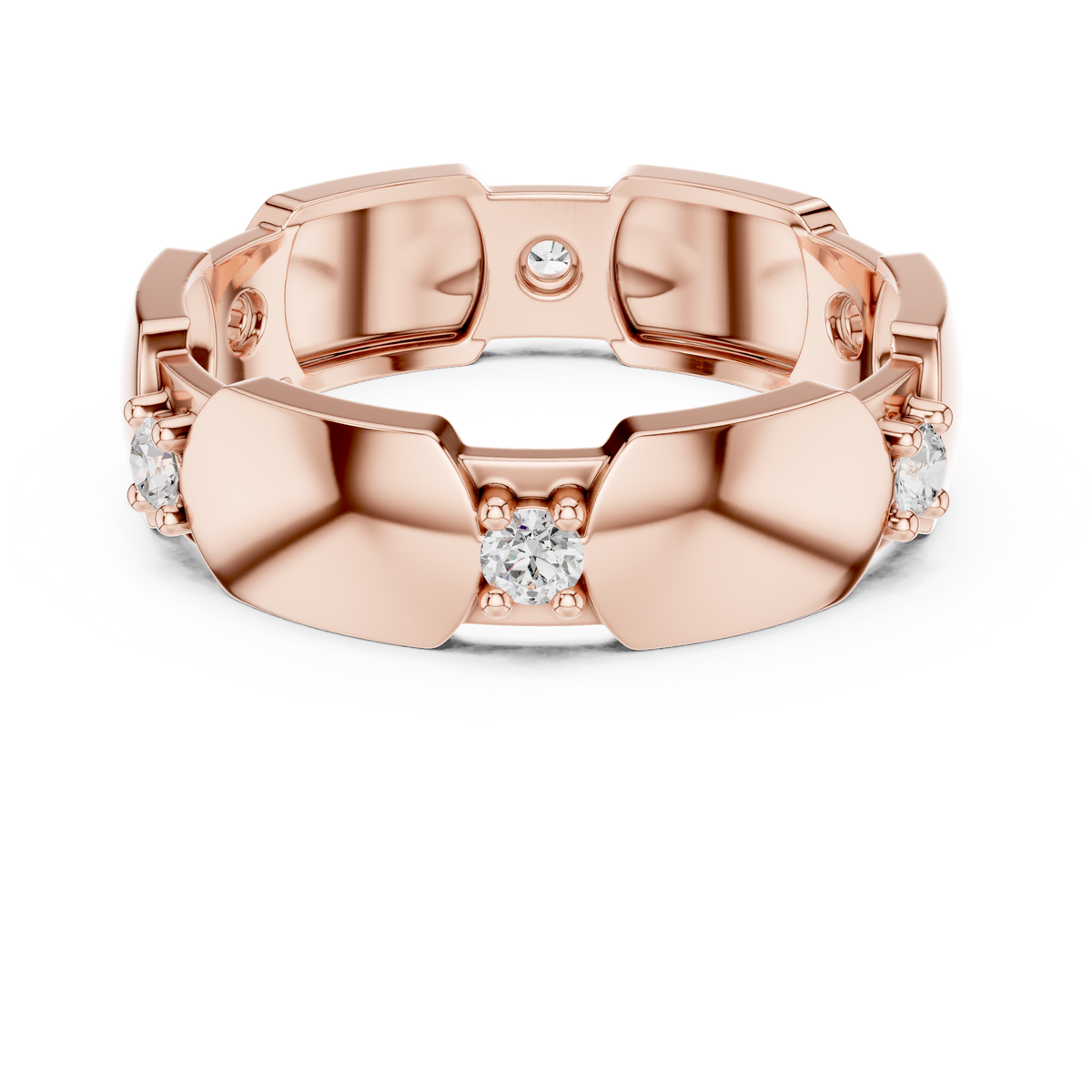 Rose gold modern hexagonal collet diamond band with round stones, angled top view