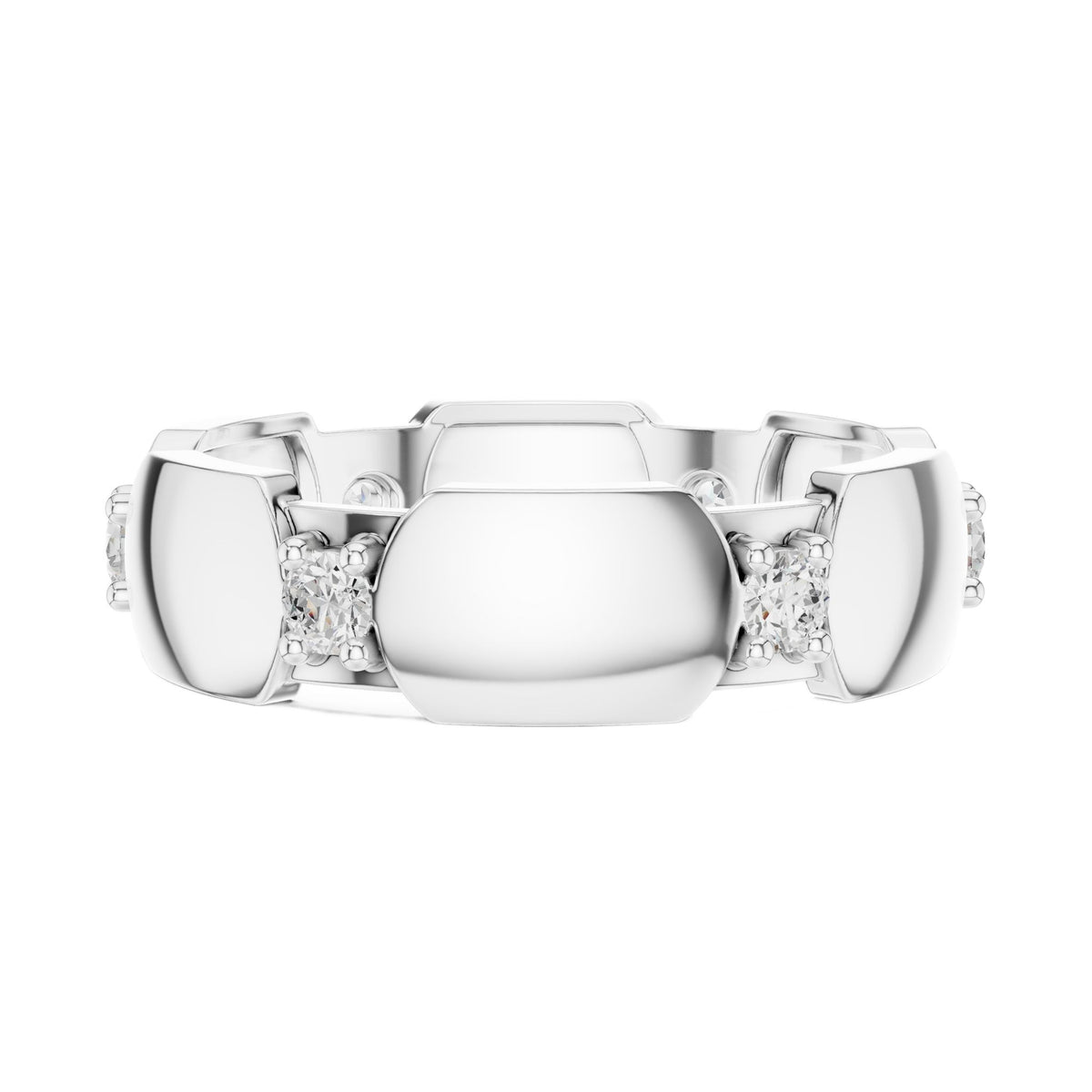 White gold modern hexagonal collet diamond band with round stones, front view