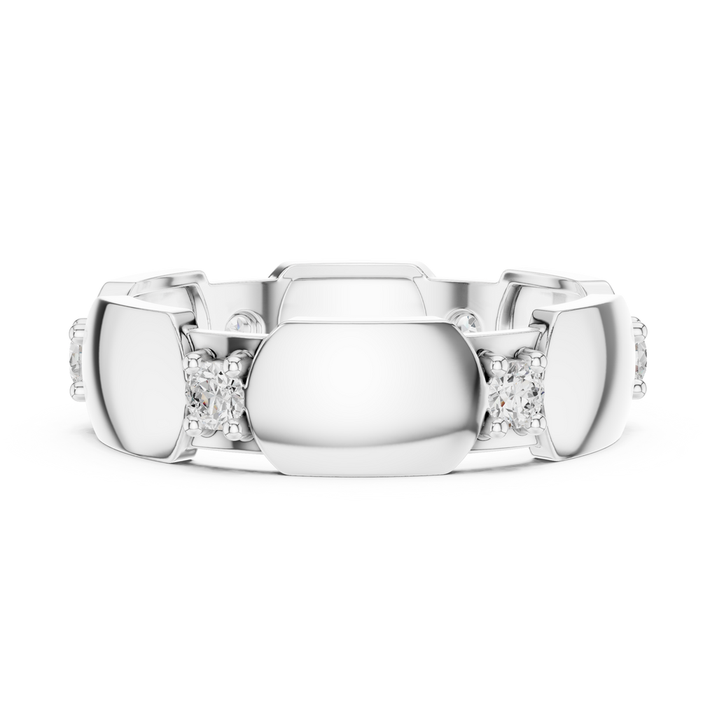 White gold modern hexagonal collet diamond band with round stones, front view