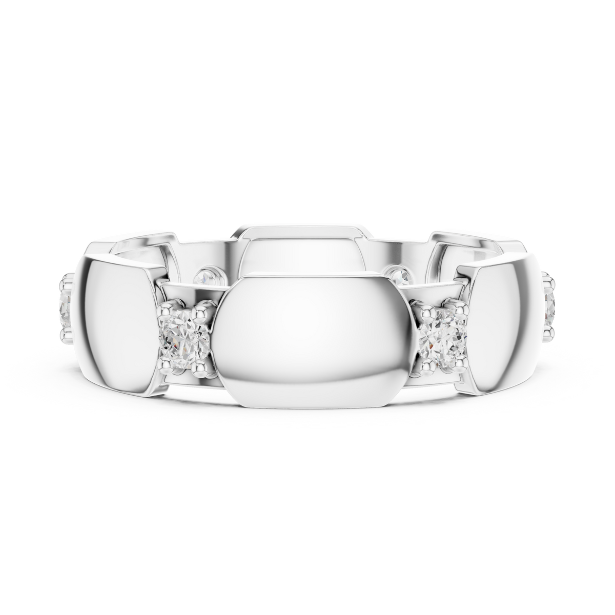 White gold modern hexagonal collet diamond band with round stones, front view