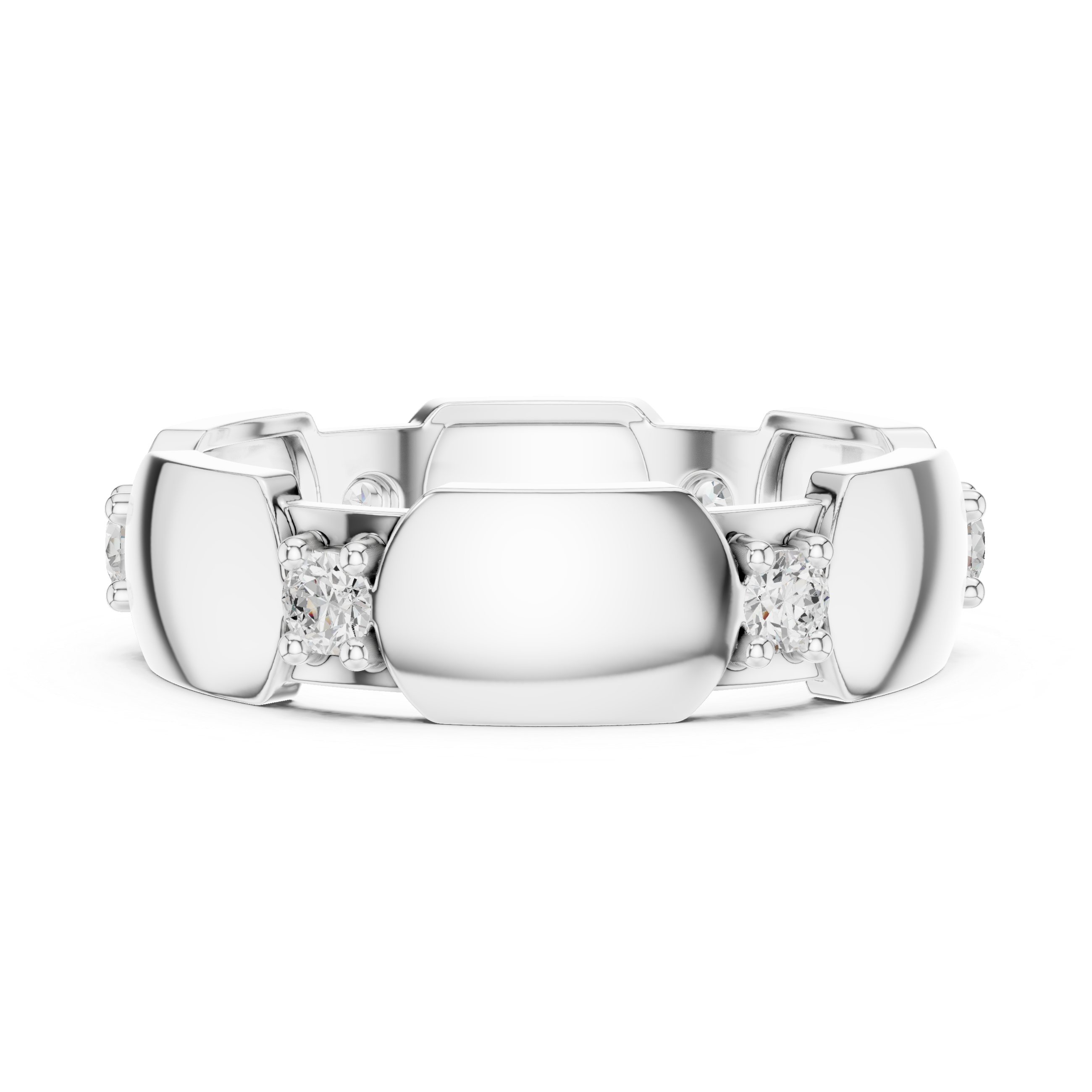 White gold modern hexagonal collet diamond band with round stones, front view