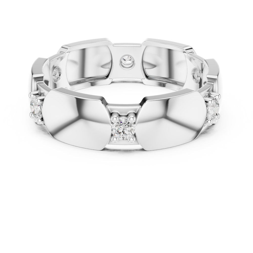 White gold modern hexagonal collet diamond band with round stones, angled top view