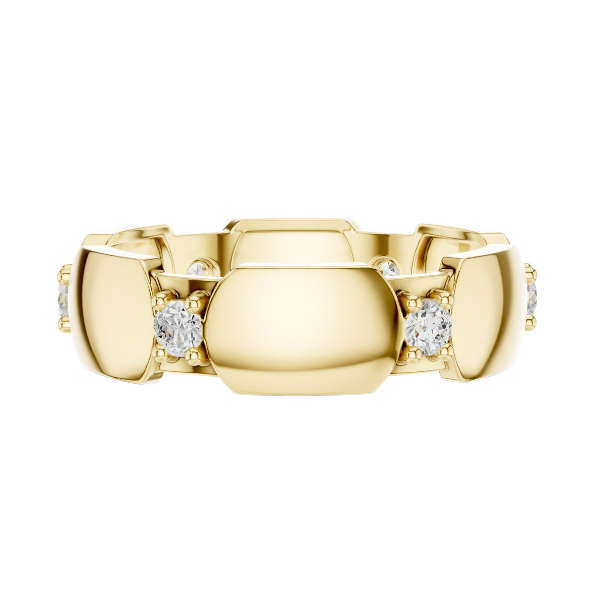Yellow gold diamond band with three round stones set in hexagonal collets