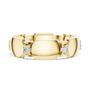 Yellow gold diamond band with three round stones set in hexagonal collets