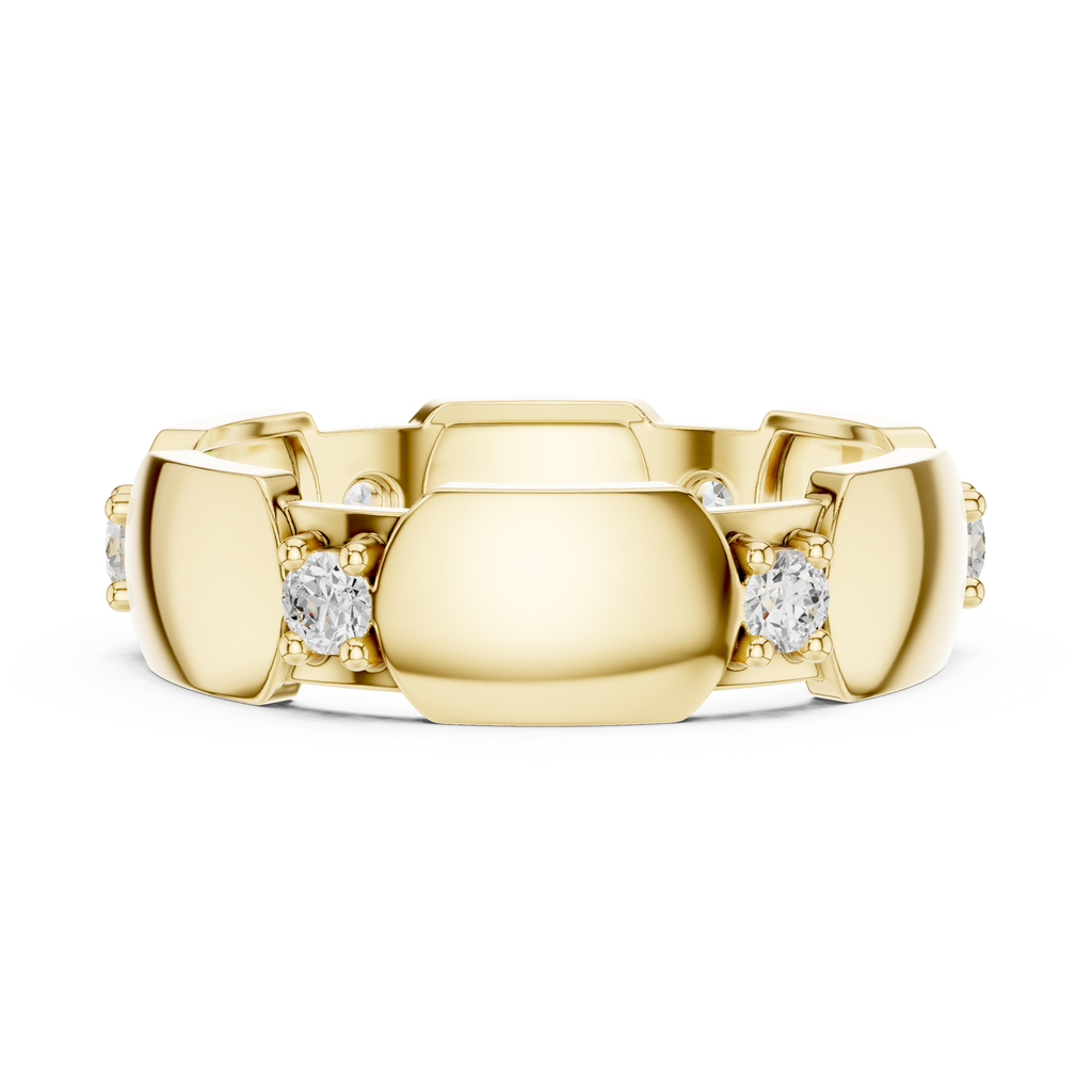 Yellow gold diamond band with three round stones set in hexagonal collets