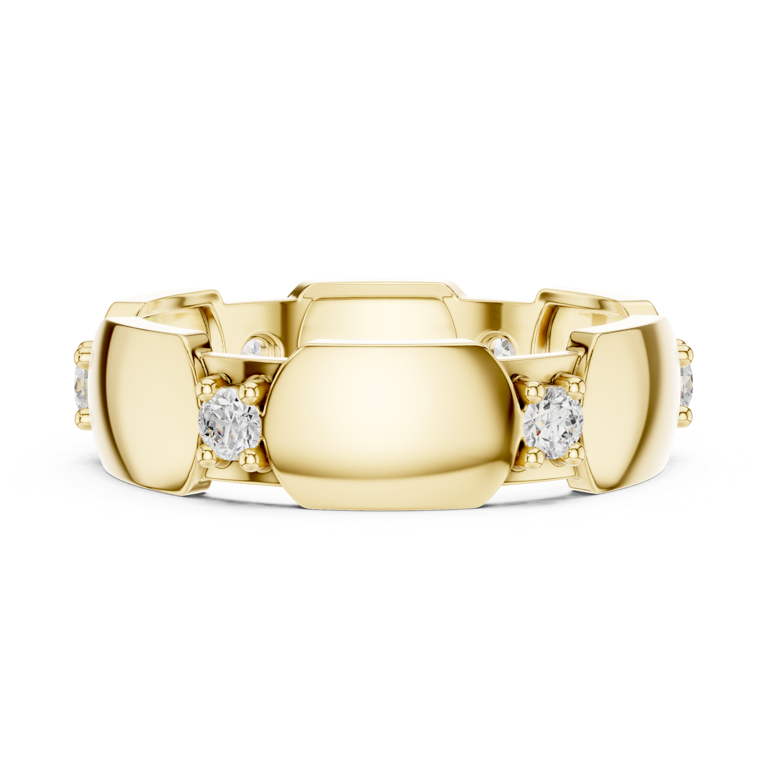 Yellow gold diamond band with three round stones set in hexagonal collets