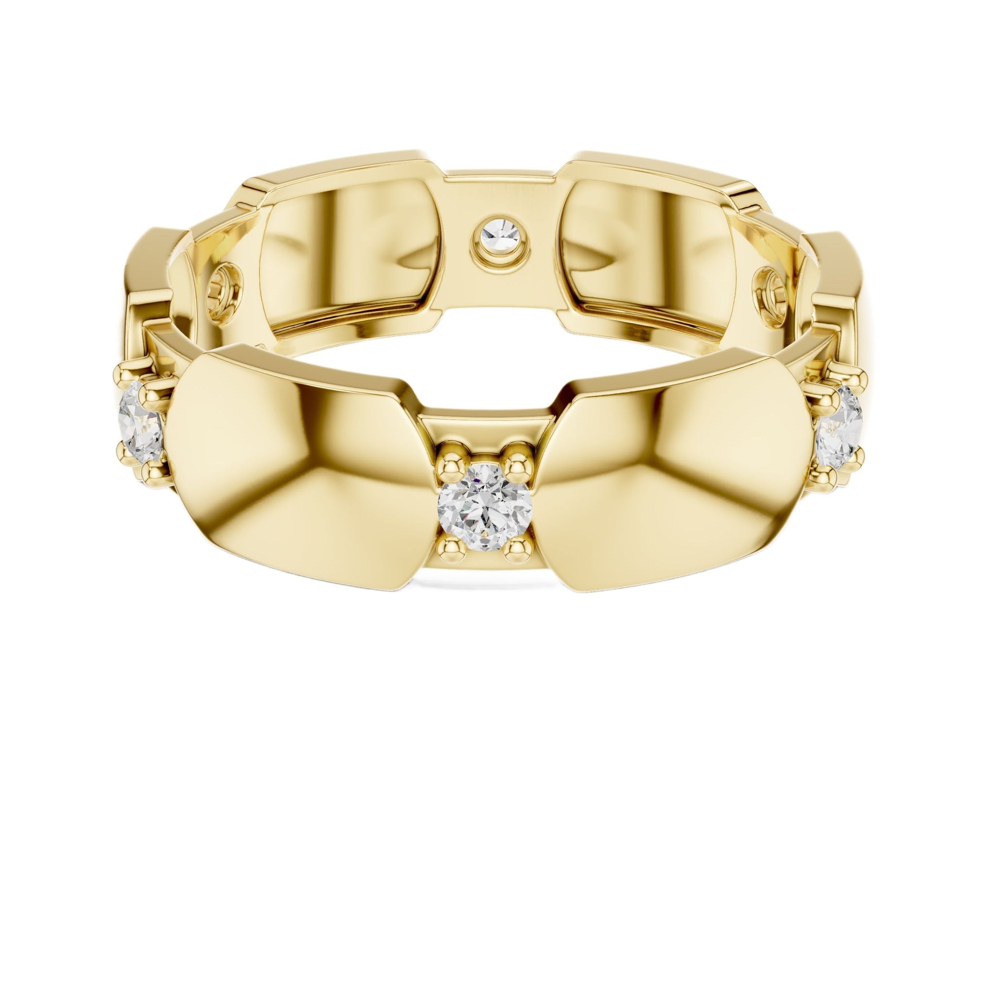 Yellow gold diamond band top view with round stones in hexagonal collet settings