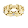 Yellow gold diamond band top view with round stones in hexagonal collet settings