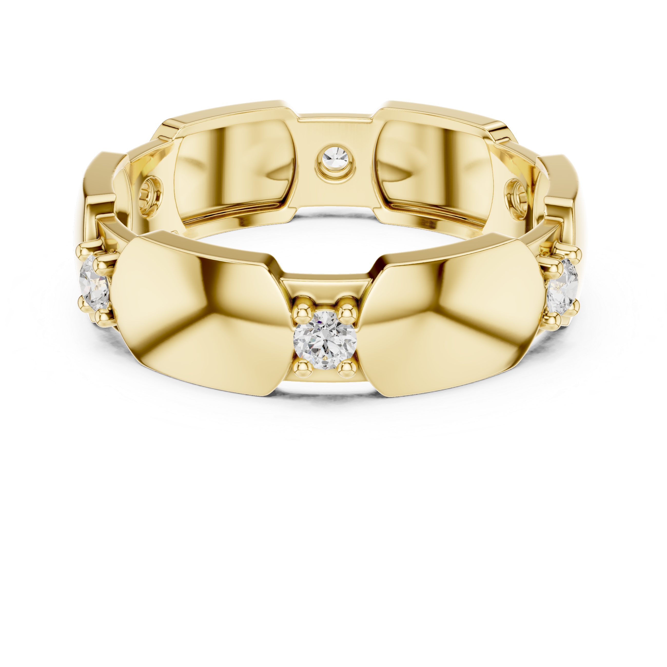 Yellow gold diamond band top view with round stones in hexagonal collet settings