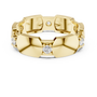 Yellow gold diamond band top view with round stones in hexagonal collet settings