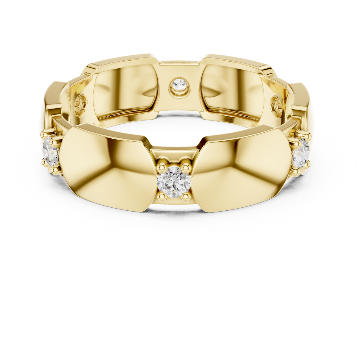Yellow gold diamond band top view with round stones in hexagonal collet settings