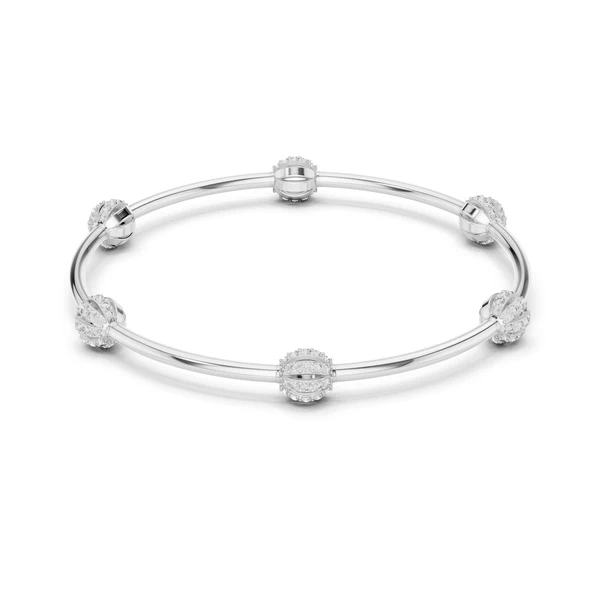 Silver-tone bangle bracelet with crystal pavé links and round central charm