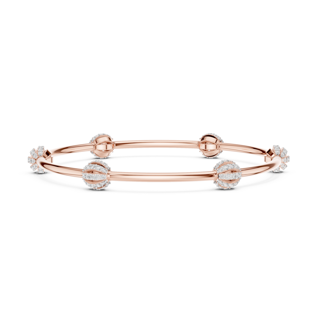 Rose gold bangle bracelet with oval pavé gemstone stations and smooth center bar
