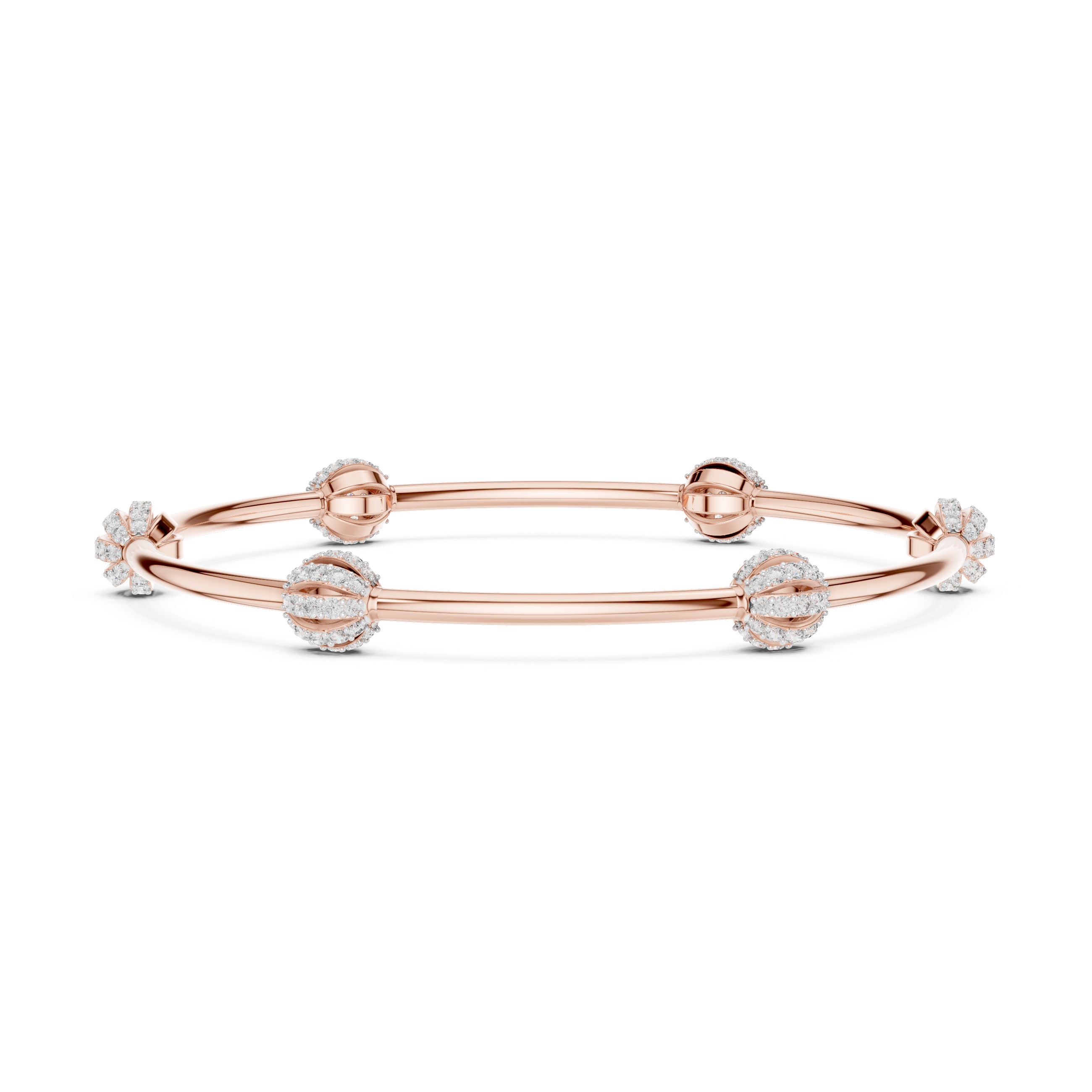 Rose gold bangle bracelet with oval pavé gemstone stations and smooth center bar