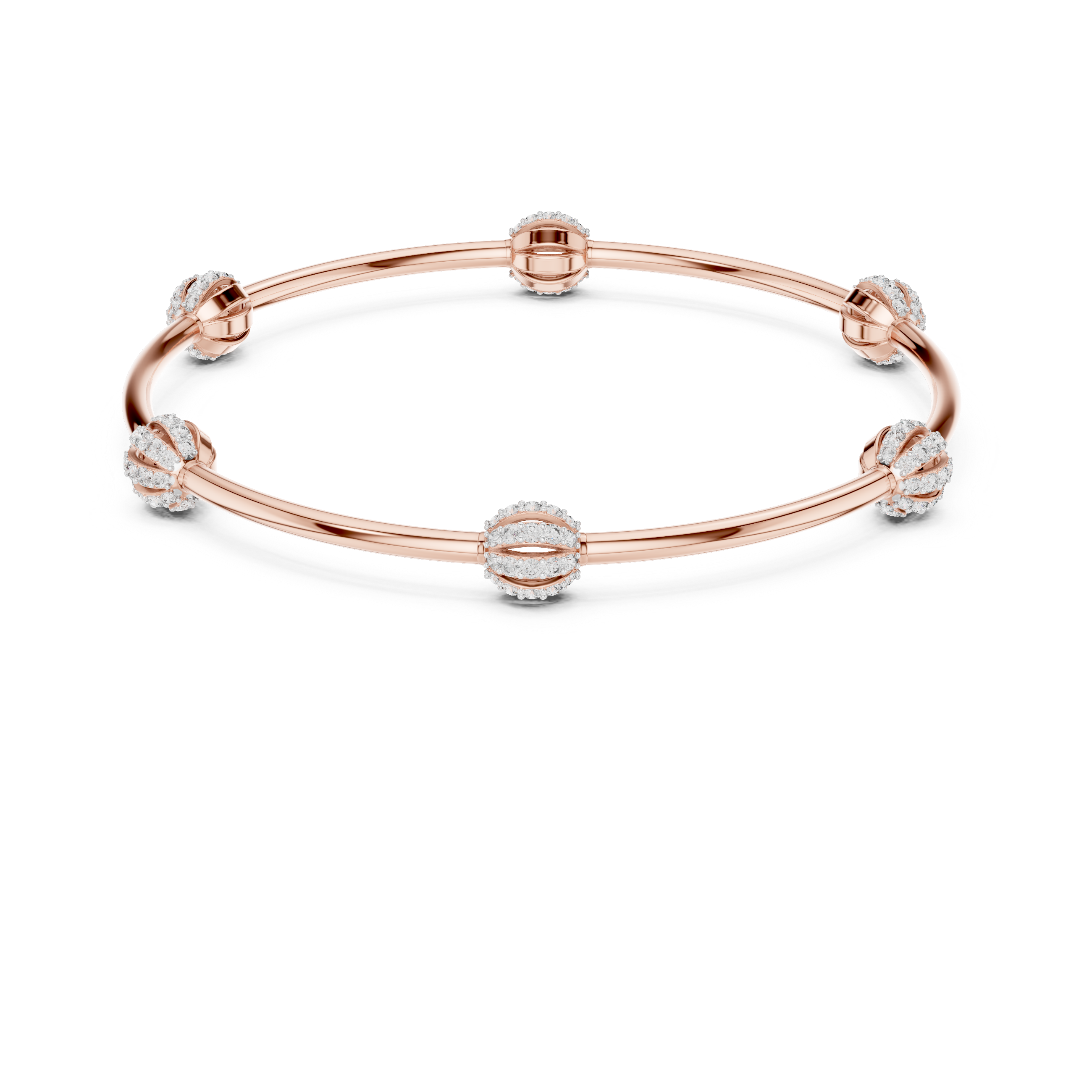 Rose gold open bangle bracelet with round pavé stones and center dome detail