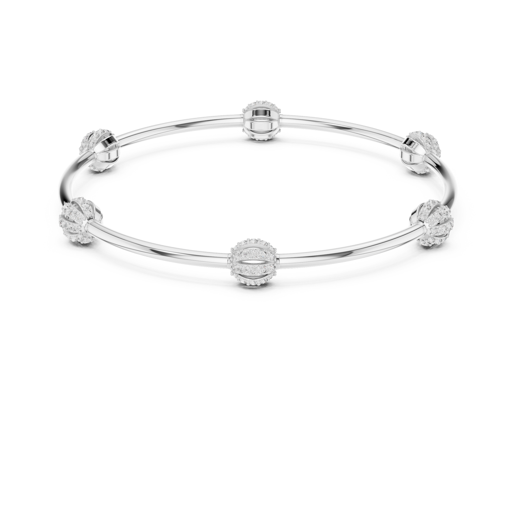 Silver-tone open bangle bracelet with round pavé stones and center dome detail