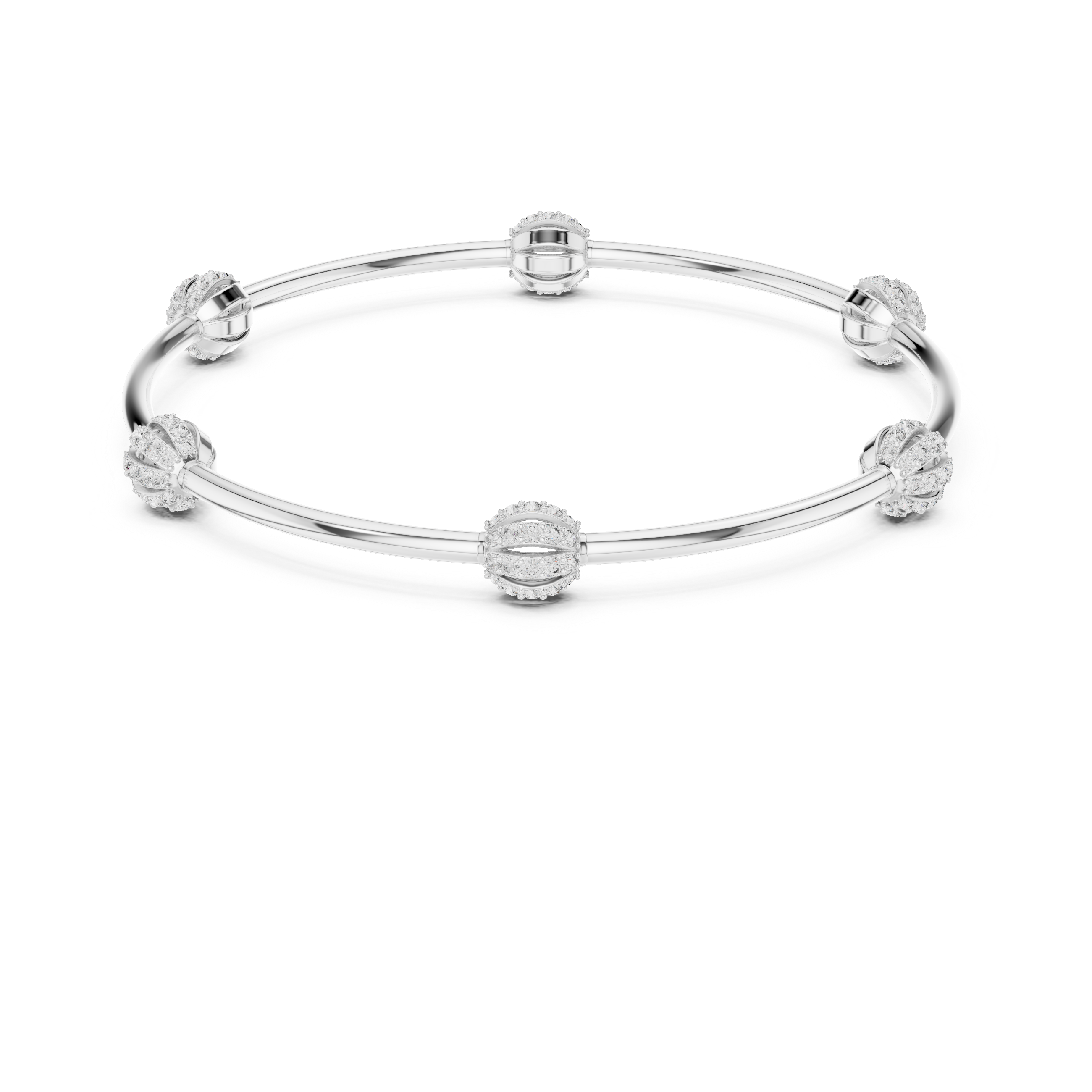 Silver-tone open bangle bracelet with round pavé stones and center dome detail