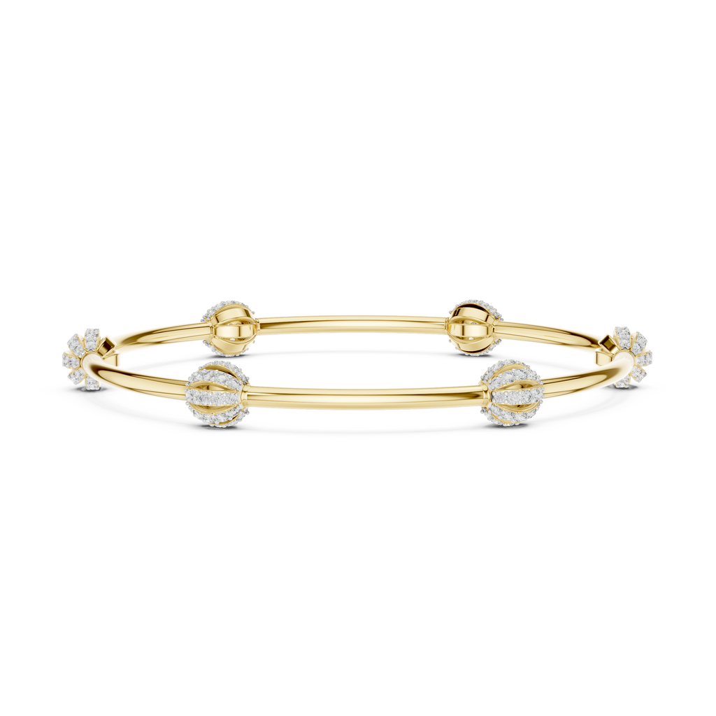 Gold-tone bangle bracelet with round crystal clusters and hinged clasp
