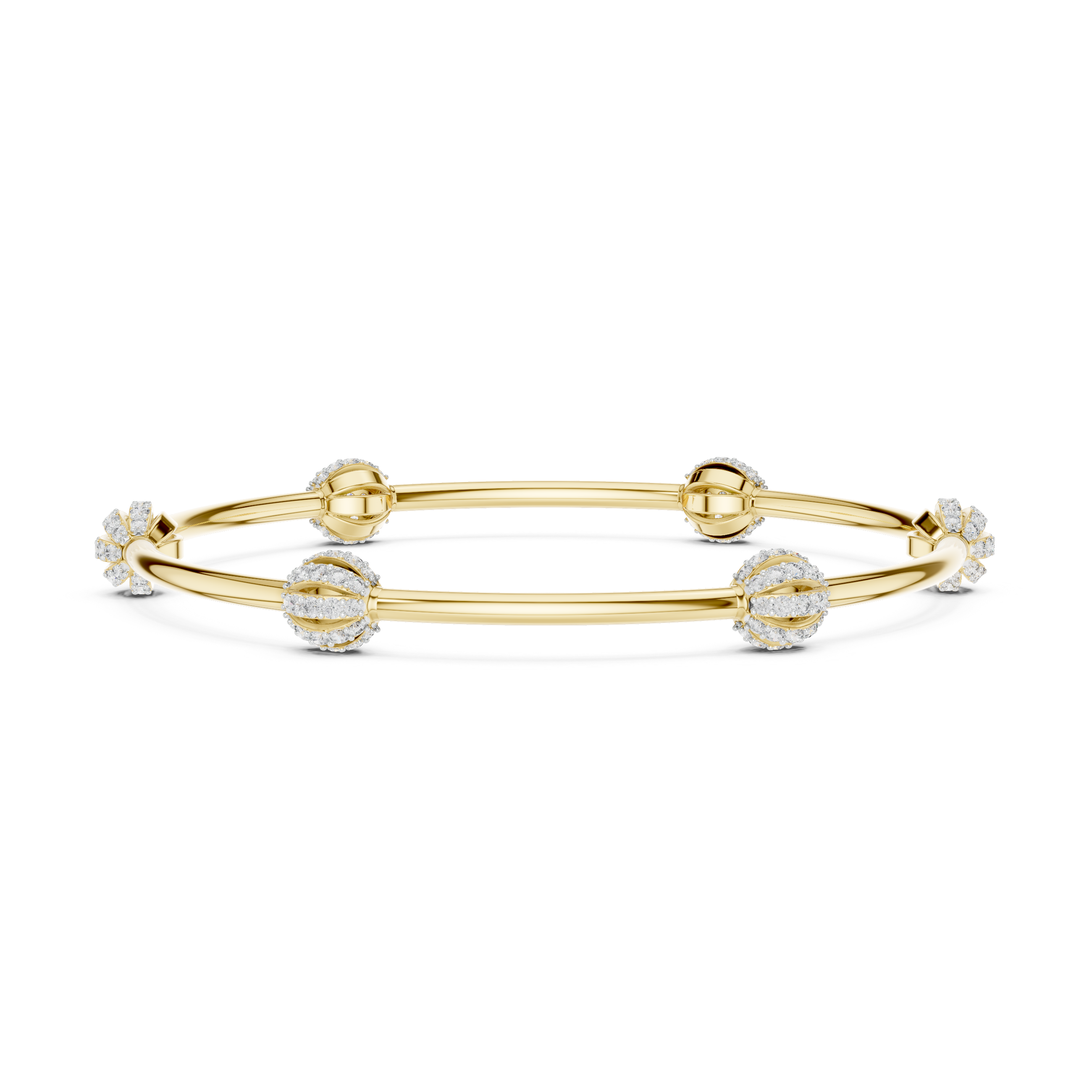 Gold-tone bangle bracelet with round crystal clusters and hinged clasp