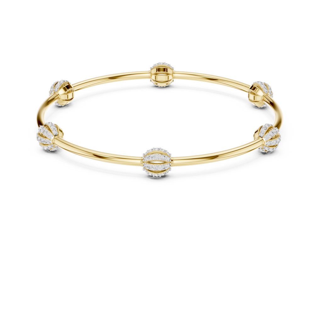 Gold-tone bangle bracelet with central round crystal charm and three crystal clusters