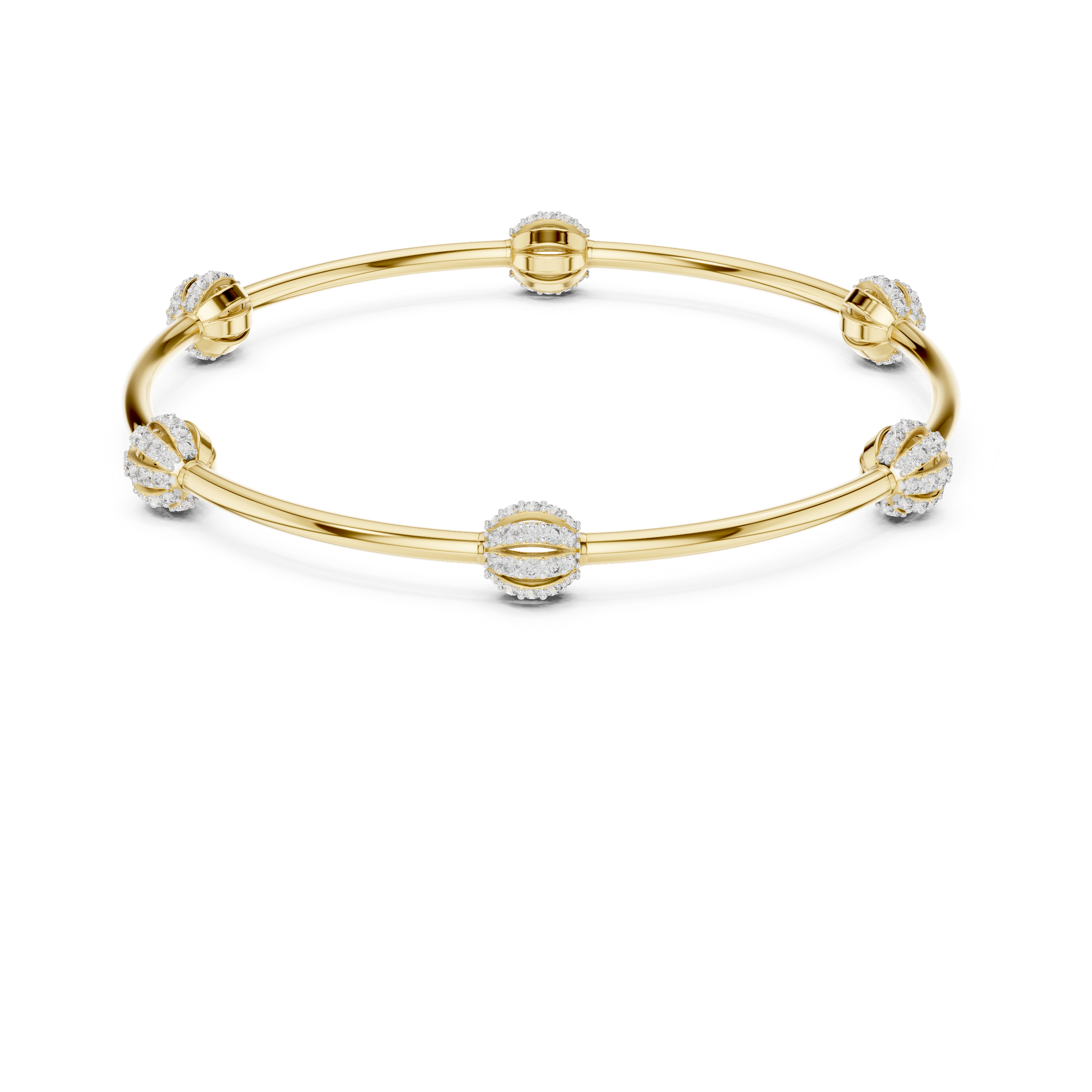 Gold-tone bangle bracelet with central round crystal charm and three crystal clusters