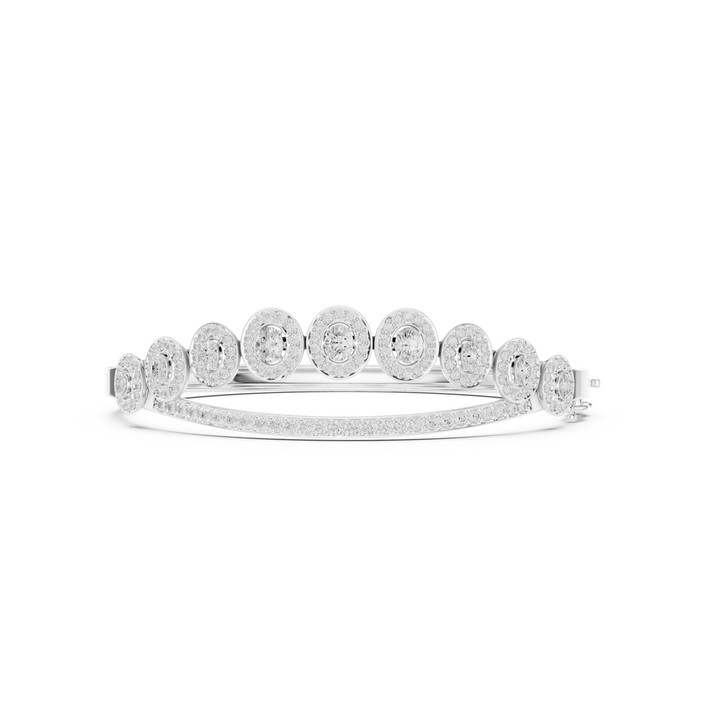 Oval halo bangle ring with five raised round centers and pavé band, white metal