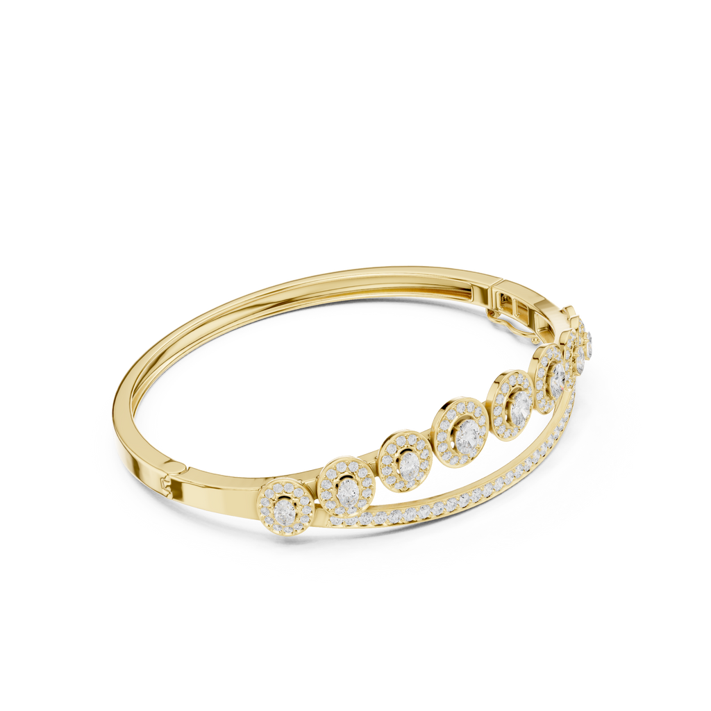 Oval halo bangle ring with pavé edge and raised round centers, yellow gold