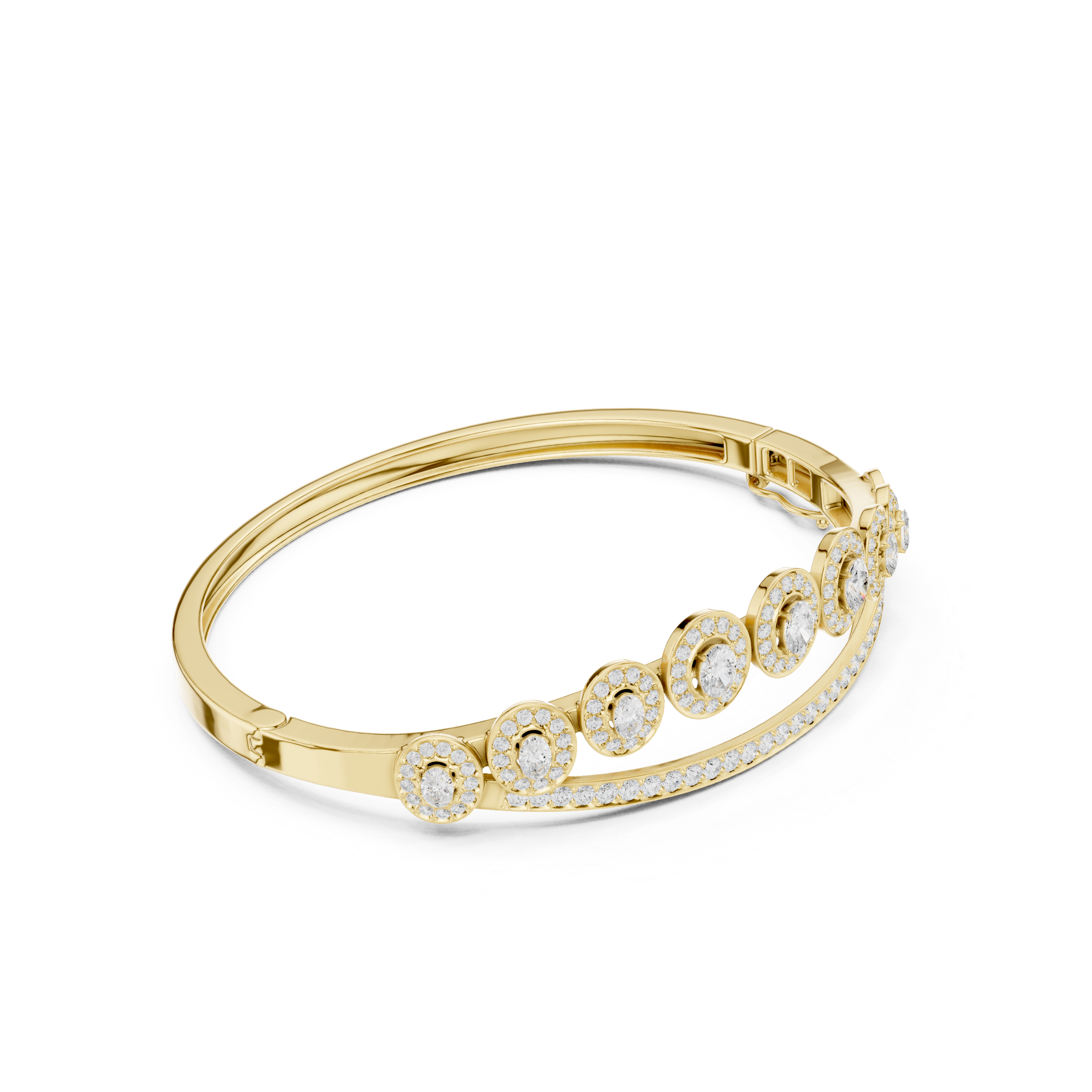 Oval halo bangle ring with pavé edge and raised round centers, yellow gold