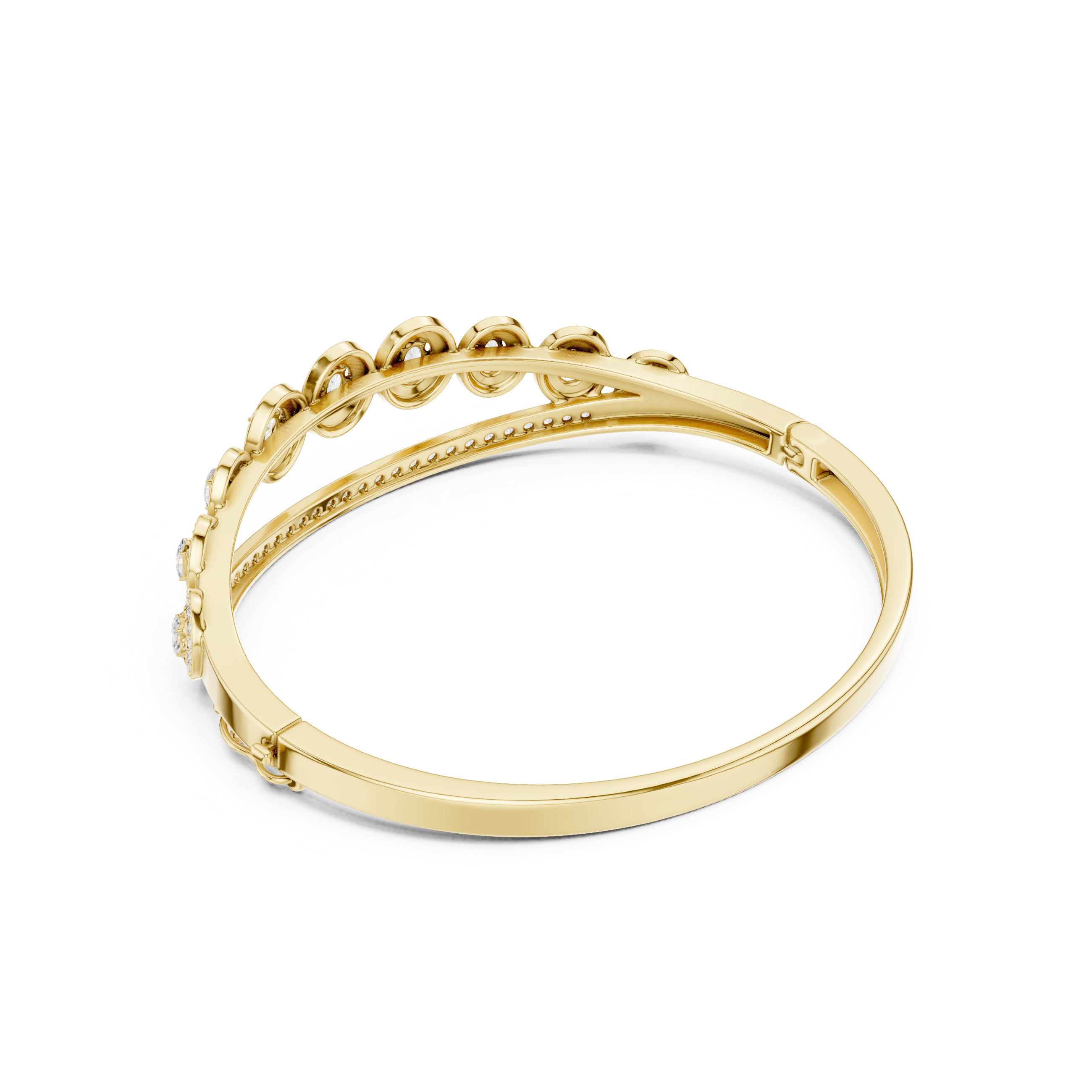 Oval halo bangle ring with pavé border and round center stones, yellow gold
