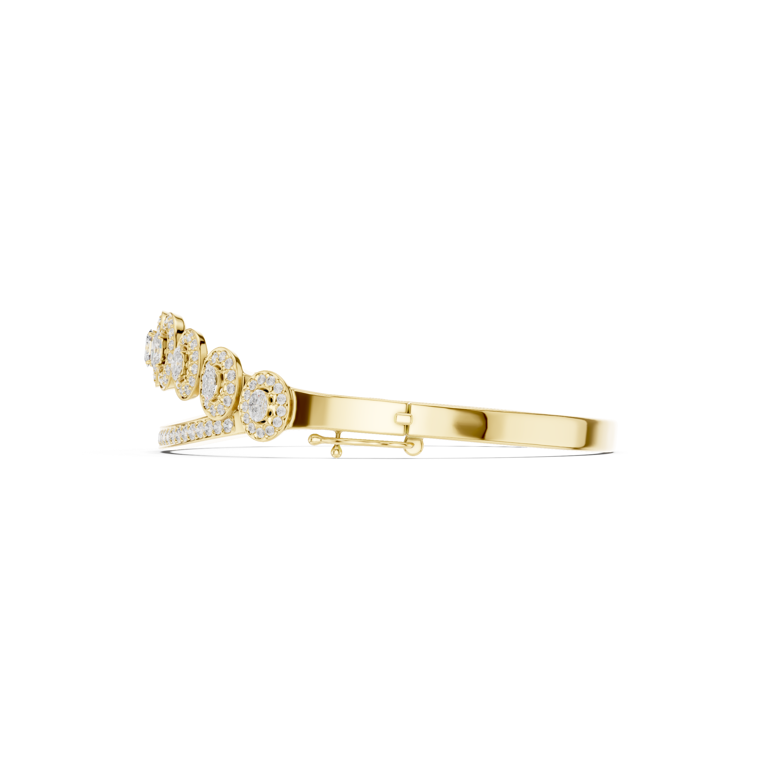 Oval halo bangle ring with pavé details and raised round centers, yellow gold