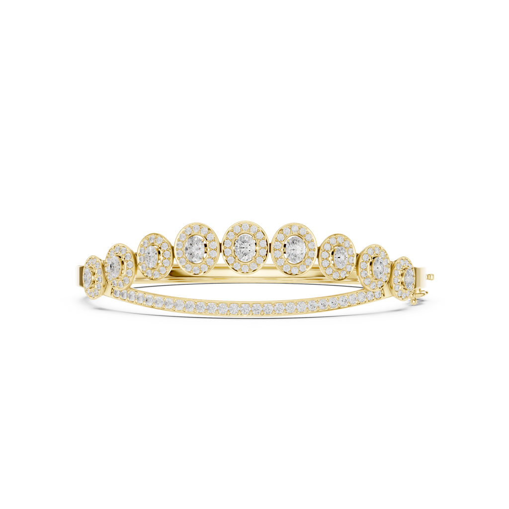 Oval halo bangle ring with multiple raised round centers and pavé band, yellow gold