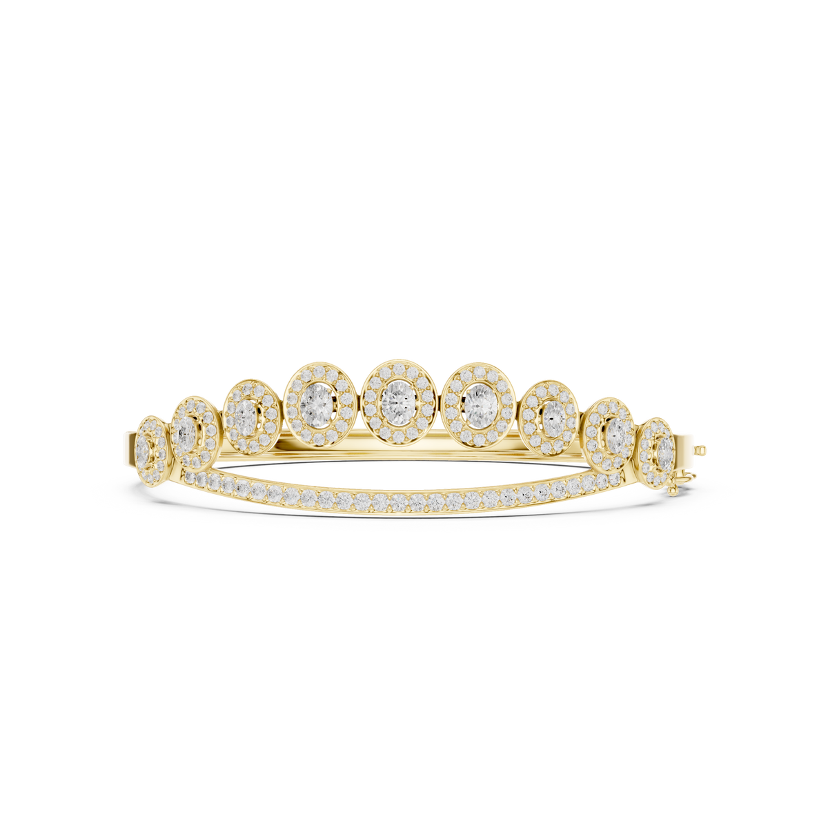 Oval halo bangle ring with multiple raised round centers and pavé band, yellow gold