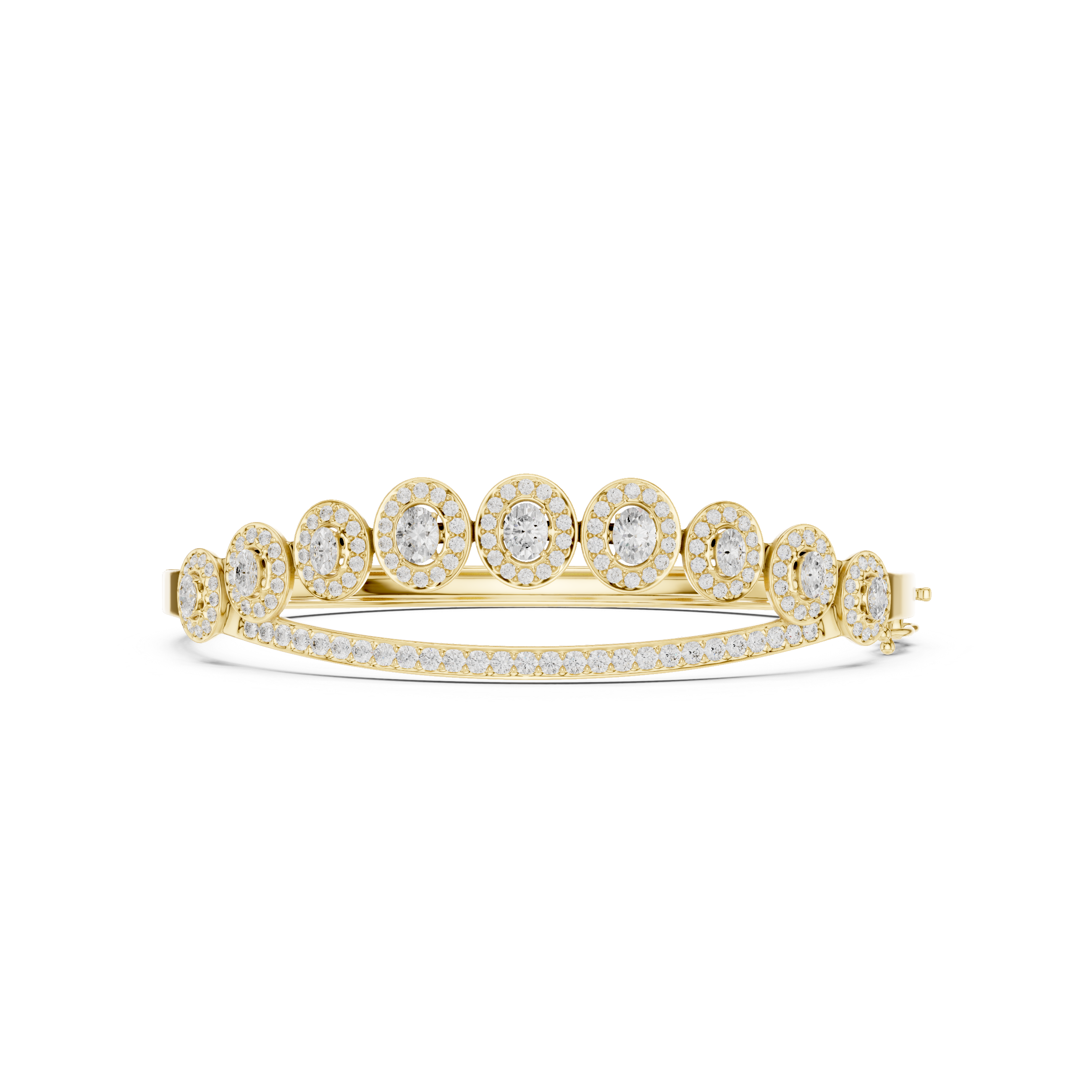 Oval halo bangle ring with multiple raised round centers and pavé band, yellow gold