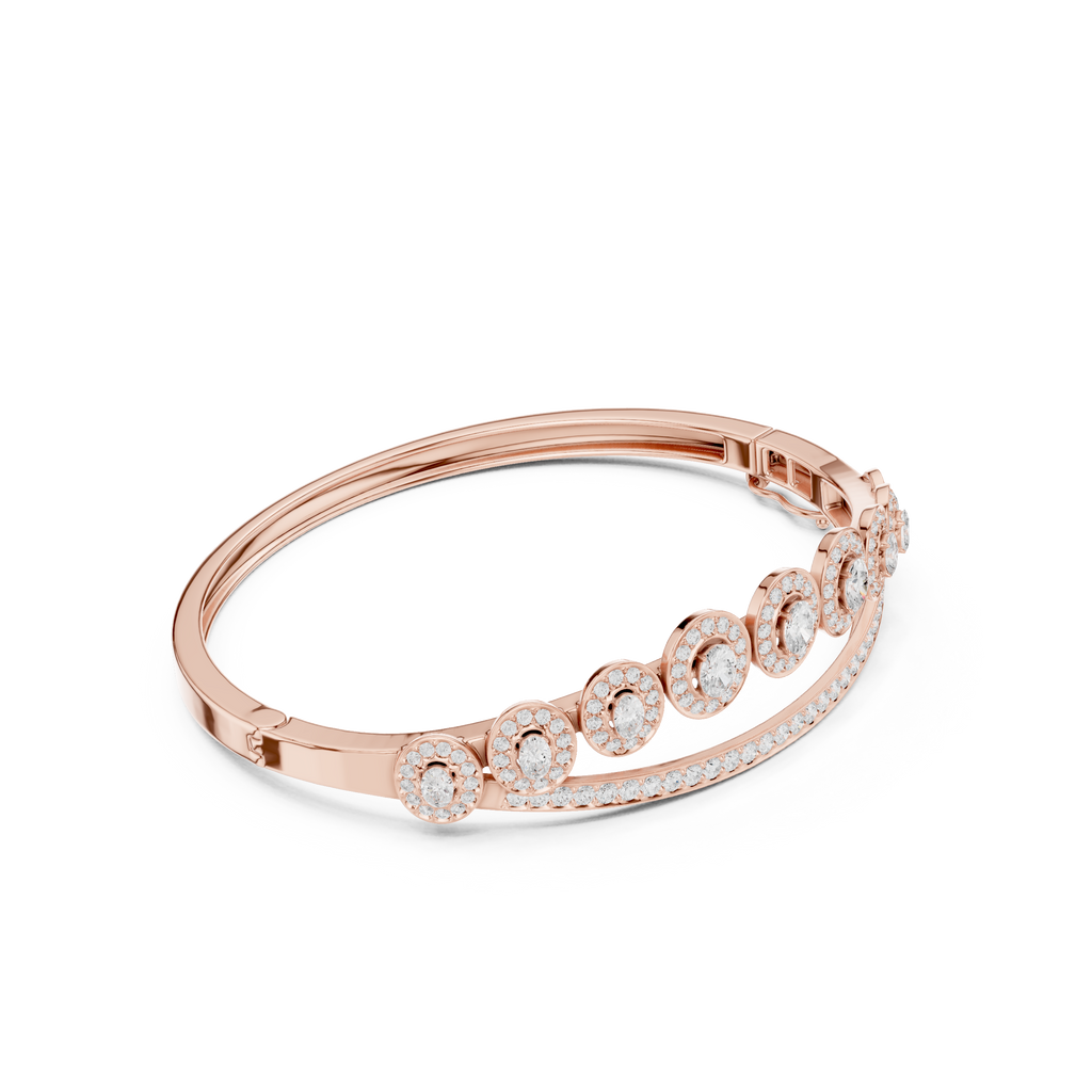 Rose gold oval-cut halo tiara bangle with crown stones and pavé band